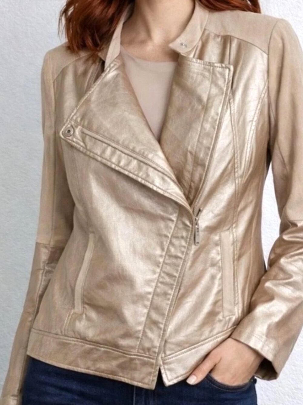 Chico's Champagne Vegan Suede/Leather Moto Jacket size 0